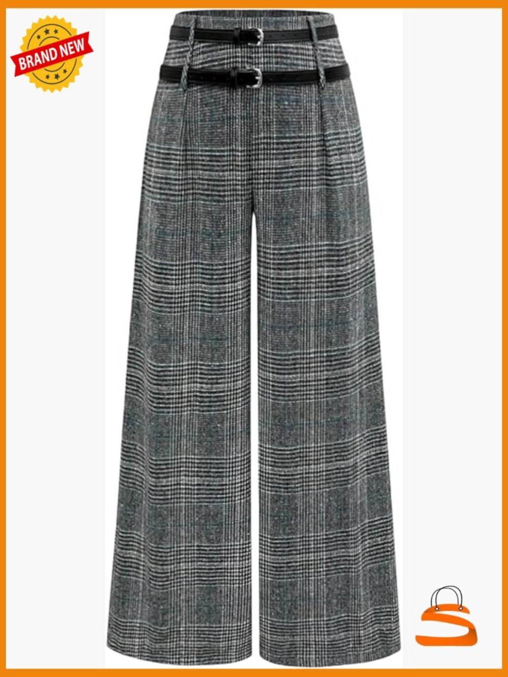 Plus Size Wide Leg Plaid Palazzo Pants with Belt